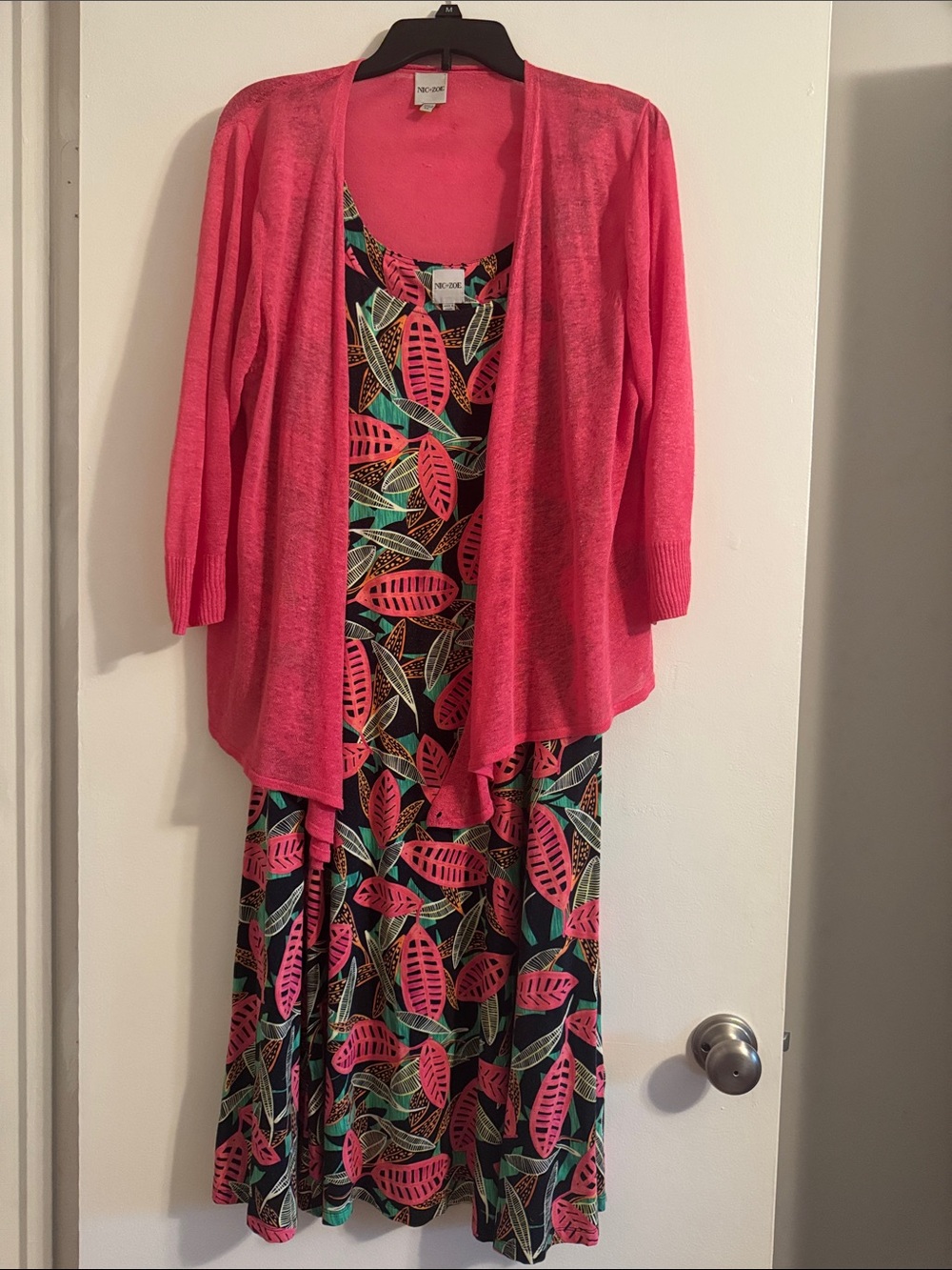 NIC+ZOE Sleeveless Pink Black Tropical Print Dress w/4-way Covertible Cardigan